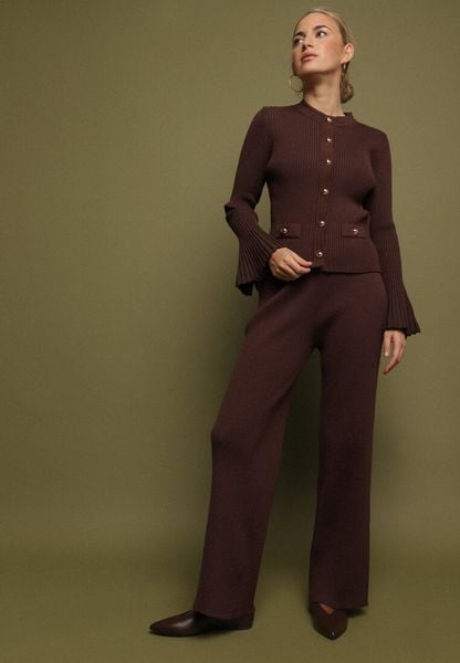 Brązowy Dzianinowy Komplet z Wiskozą Kardigan i Szerokie Spodnie Conella. Brązowe spodnie materiałowe damskie Born2be, bez wzorów, z dzianiny, eleganckie. Za 219.99 zł.