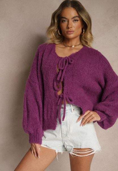 Fioletowy Kardigan z Wełną o Kroju Oversize z Wiązanymi Kokardami Elearina. Fioletowe kardigany damskie Renee, bez wzorów, z jeansu. Za 139.99 zł.