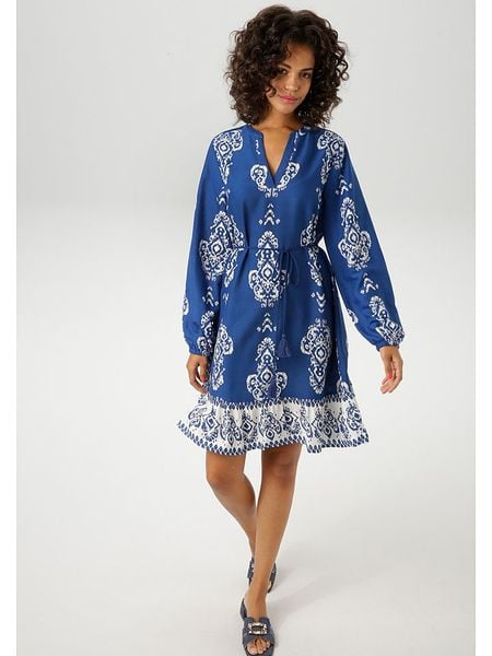 Aniston Sukienka w kolorze niebiesko-białym rozmiar: 38. Niebieskie sukienki damskie Aniston, bez wzorów, z tkaniny, retro, bez kołnierzyka, bez ramiączek, mini. Za 91.34 zł.