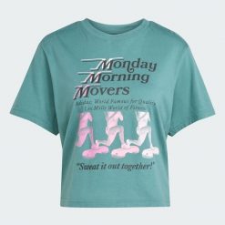 Koszulka Lesmills Movers Graphic. Niebieskie t-shirty damskie Adidas, bez wzorów, z dzianiny, bez kołnierzyka. Za 149.00 zł.