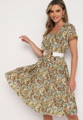 Beżowo-Zielona Wiskozowa Sukienka Rozkloszowana we Wzór Paisley Mastis. Brązowe sukienki damskie Born2be, na imprezę, uniwersalny, bez wzorów, z wiskozy, eleganckie, bez kołnierzyka, bez ramiączek, midi, rozkloszowane. W wyprzedaży za 63.99 zł.