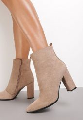 Beżowe Botki Aeriel. Brązowe botki damskie Renee, z jeansu, eleganckie, ze szpiczastym noskiem, za kostkę, bez obcasa, na obcasie, bez zapięcia. Za 129.99 zł.
