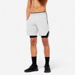 Spodenki fitness cardio męskie Domyos. Szare szorty męskie DOMYOS, bez wzorów, z materiału, sportowe. Za 79.99 zł.