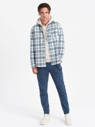 Spodnie męskie materiałowe JOGGERY z ozdobnym sznurkiem - niebieskie V10 P908 - XL. Niebieskie spodnie materiałowe męskie Ombre Clothing, bez wzorów, z bawełny. W wyprzedaży za 69.99 zł.