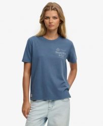 Superdry Luxe Casual Relaxed T‑shirt z bawełny organicznej – Vintage Indigo. Niebieskie t-shirty damskie Superdry., bez wzorów, z bawełny, bez kołnierzyka. Za 162.75 zł.