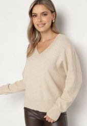 Beżowy Sweter z Dekoltem w V z Domieszką Kaszmiru Mariara. Brązowe swetry klasyczne damskie Born2be, uniwersalny, z jeansu, bez kołnierzyka. Za 109.99 zł.