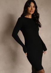 Czarna Sweterkowa Dopasowana Sukienka z Bawełną Reileta. Czarne sukienki damskie Renee, na spotkanie biznesowe, bez wzorów, z bawełny, bez kołnierzyka, bez ramiączek, dopasowane. Za 89.99 zł.