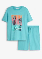 T-shirt + krótkie spodenki z czystej bawełny organicznej (2 części). Zielone szorty męskie bonprix, z bawełny, bez kołnierzyka. Za 97.99 zł.