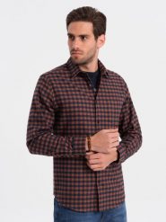 Koszula męska flanelowa w kratę - granatowo-ceglasta V6 OM-SHCS-0150 - XXL. Niebieskie koszule męskie Ombre Clothing, l, bez wzorów, z bawełny, bez kołnierzyka, bez ramiączek. W wyprzedaży za 79.99 zł.