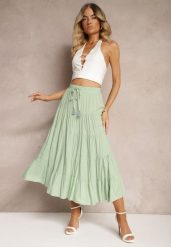 Zielona Wiskozowa Spódnica High Waist o Rozkloszowanym Kroju z Wiązaniem i Gumką w Talii Leceviana. Zielone spódniczki damskie Renee, na lato, l, z aplikacjami, z wiskozy, eleganckie, z podwyższonym stanem, maxi, dopasowane. Za 64.99 zł.