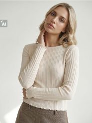 Prążkowana koszulka z domieszką wiskozy - beżowy. Brązowe t-shirty damskie Sinsay, l, bez wzorów, prążkowane, bez kołnierzyka. Za 29.99 zł.
