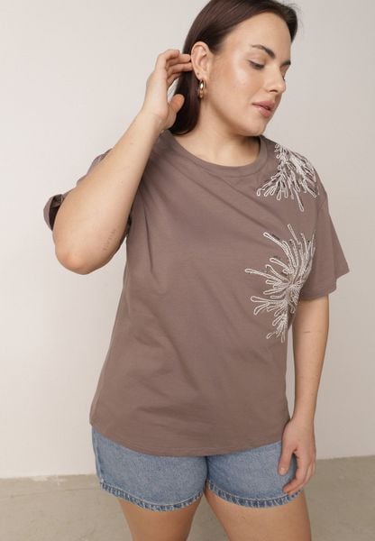 Brązowy T-shirt Bawełniany z Ozdobnymi Cekinami Greyfeather. Brązowe t-shirty damskie Born2be, plus size, bez wzorów, z bawełny, bez kołnierzyka. Za 59.99 zł.