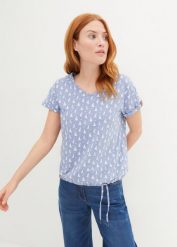 T-shirt z nadrukiem i wiązanym troczkiem. Czerwone t-shirty damskie bonprix, bez wzorów, bez kołnierzyka. Za 54.99 zł.