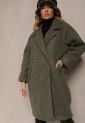 Zielony Dwurzędowy Płaszcz Oversize z Wełną Spolete. Zielone płaszcze damskie Renee, bez wzorów, z wełny, eleganckie. Za 289.99 zł.
