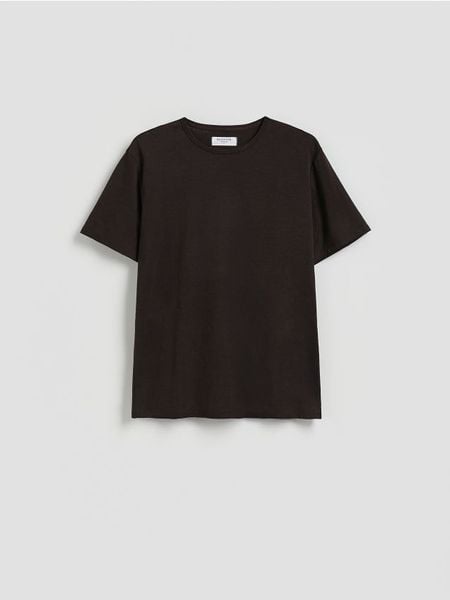 T-shirt regular z lnem - brązowy. Brązowe t-shirty męskie Reserved, l, bez wzorów, z bawełny, bez kołnierzyka. Za 99.99 zł.
