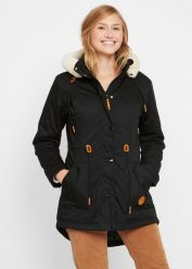 Parka z wstawką ze sztucznego futerka, ocieplana. Czarne parki damskie bonprix, bez wzorów. Za 229.99 zł.