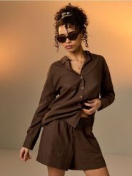 Koszula z domieszką lnu - brązowy. Brązowe koszule damskie Sinsay, l, bez wzorów, bez kołnierzyka, bez ramiączek. Za 39.99 zł.