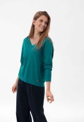 Luźny sweter z dekoltem w serek S-JOY. Niebieskie swetry klasyczne damskie Volcano, s, z dzianiny, bez kołnierzyka. Za 129.99 zł.
