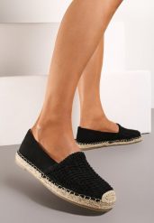 Czarne Płaskie Espadryle z Ekozamszu Ozdobione Jutą Lemiala. Czarne espadryle damskie Renee, z aplikacjami, z jeansu, bez obcasa, na obcasie. Za 54.99 zł.