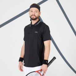 Koszulka polo do tenisa męska Artengo Dry. Czarne koszulki polo męskie ARTENGO, m, bez wzorów, z elastanu, bez ramiączek. Za 69.99 zł.