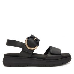 Sandały Remonte. Czarne sandały damskie Remonte, bez wzorów, bez obcasa, na płaskiej podeszwie. Za 369.99 zł.