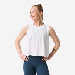 Koszulka fitness crosstraining damska Domyos bez rękawów. Białe topy sportowe damskie DOMYOS, l, bez wzorów, z materiału, bez ramiączek. Za 89.99 zł.
