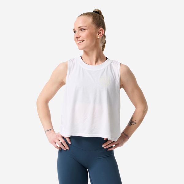 Koszulka fitness crosstraining damska Domyos bez rękawów. Białe bluzki sportowe damskie DOMYOS, l, z materiału, bez kołnierzyka, bez ramiączek. Za 89.99 zł.