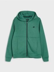 Rozpinana bluza z kapturem z domieszką wiskozy - zielony. Zielone bluzy sportowe męskie Sinsay, bez wzorów, z wiskozy, sportowe, bez kołnierzyka, bez ramiączek. Za 69.99 zł.