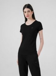 4F T-shirt slim gładki damski S. Czarne t-shirty damskie 4f, s, bez wzorów, z bawełny, bez kołnierzyka. W wyprzedaży za 39.99 zł.