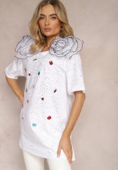 Biała Bawełniana Bluzka Prosta z Kryształkami i Cyrkoniami Leokka. Białe bluzki damskie Renee, bez wzorów, z bawełny, bez kołnierzyka, bez ramiączek. Za 39.99 zł.