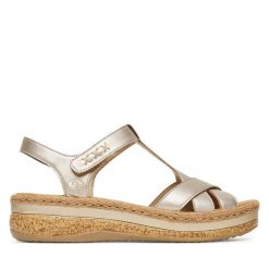 Sandały Rieker. Żółte sandały damskie Rieker, bez wzorów, bez obcasa, na koturnie. Za 339.99 zł.