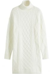 Sukienka dzianinowa w warkocze. Białe sukienki damskie bonprix, bez wzorów, z dzianiny, eleganckie, bez kołnierzyka, bez ramiączek. Za 129.99 zł.