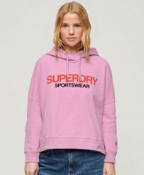 Luźna bluza z kapturem z logo odzieży sportowej. Niebieskia bluzy sportowe damskie Superdry., bez wzorów, z bawełny, bez ramiączek, z kapturem. Za 292.60 zł.
