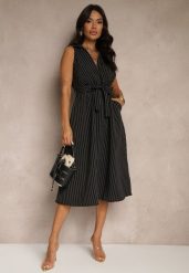 Czarna Koszulowa Sukienka Bez Rękawów z Wiązanym Paskiem Lideene. Czarne sukienki damskie Renee, na co dzień, bez wzorów, eleganckie, bez kołnierzyka, bez ramiączek, midi, kopertowe. W wyprzedaży za 90.99 zł.