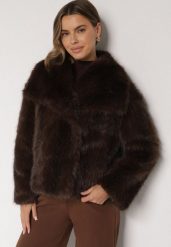 Brązowa Futrzana Kurtka z Cieniowanym Wzorem Monizavia. Brązowe kurtki damskie Born2be, l, bez wzorów, z futra, bez kaptura. Za 229.99 zł.