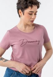 Koszulka z napisem T-DECORE. Czerwone t-shirty damskie Volcano, m, z aplikacjami, z bawełny, bez kołnierzyka. Za 59.99 zł.