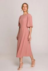 Elegancka sukienka koktajlowa z bufiastymi rękawami różana. Czerwone sukienki damskie Stylove, xl, bez wzorów, eleganckie, bez kołnierzyka, bez ramiączek, rozkloszowane. Za 509.00 zł.