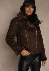 Brązowa Kurtka Biker z Imitacji Zamszu Zdobiona Futerkiem Awedora. Brązowe kurtki damskie Renee, l, z aplikacjami, z jeansu, bez kaptura. Za 239.99 zł.