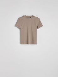 T-shirt regular - beżowy. Brązowe t-shirty damskie Reserved, l, bez wzorów, z bawełny, bez kołnierzyka. W wyprzedaży za 22.99 zł.