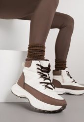 Beżowo-Brązowe Sportowe Śniegowce Chunky na Platformie Ishweda. Brązowe śniegowce damskie Renee, z jeansu. Za 99.99 zł.