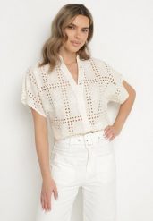 Ciemnobeżowa Bawełniana Koszula Ozdobiona Ażurowym Motywem Telarinea. Brązowe koszule damskie Born2be, uniwersalny, z aplikacjami, z bawełny, eleganckie, bez kołnierzyka, bez ramiączek. Za 54.99 zł.