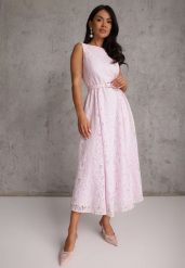 Różowa Koktajlowa Sukienka z Koronki z Bawełną i Wiskozą Ozdobiona Paskiem Chaleite. Czerwone sukienki damskie Renee, m, bez wzorów, z bawełny, eleganckie, bez kołnierzyka, bez ramiączek, maxi. Za 259.99 zł.