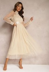Jasnobeżowa Siateczkowa Sukienka Maxi o Rozkloszowanym Kroju z Ozdobną Koronką Narile. Brązowe sukienki damskie Renee, m, bez wzorów, z koronki, eleganckie, bez kołnierzyka, bez ramiączek, maxi, rozkloszowane. W wyprzedaży za 153.99 zł.