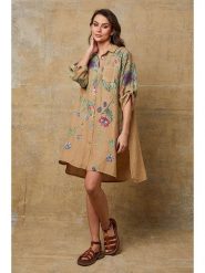 Joséfine Lniana sukienka "Pardess" w kolorze karmelowo-zielonym rozmiar: S. Brązowe sukienki damskie Joséfine, s, bez wzorów, ze lnu, bez kołnierzyka, bez ramiączek, mini. Za 143.99 zł.