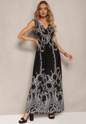 Czarna Sukienka z Gumką w Pasie i Troczkami na Ramionach z Roślinnym Wzorem Ahnipeda. Czarne sukienki damskie Renee, na spotkanie biznesowe, l, bez wzorów, eleganckie, bez kołnierzyka, bez ramiączek, maxi. W wyprzedaży za 45.49 zł.