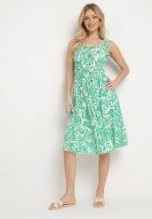 Zielona Bawełniana Sukienka Rozkloszowana Ozdobiona Guzikami Lisavena. Zielone sukienki damskie Born2be, na co dzień, l, bez wzorów, z bawełny, eleganckie, bez kołnierzyka, bez ramiączek, midi, rozkloszowane. W wyprzedaży za 43.99 zł.