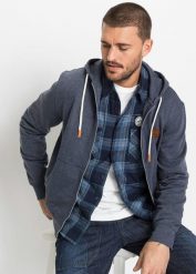 Bluza rozpinana z kapturem, z detalami z imitacji skóry. Niebieskie bluzy z kapturem męskie bonprix, m, ze skóry. Za 117.99 zł.