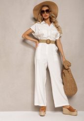 Biały Kombinezon w Stylu Utility z Koszulową Górą i Plecionym Paskiem Dexara. Białe kombinezony damskie Renee, l, bez wzorów, eleganckie, bez kołnierzyka, bez ramiączek, krótkie. Za 139.99 zł.