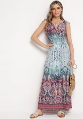 Jasnoniebieska Sukienka Boho na Lato ze Sznurkami na Ramionach i Gumką w Talii Aharleta. Niebieskie sukienki damskie Born2be, na lato, l, bez wzorów, boho, bez kołnierzyka, bez ramiączek, maxi. W wyprzedaży za 51.99 zł.