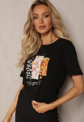 Czarny T-shirt z Bawełny Ozdobiony Nadrukiem na Przodzie Katrielle. Czarne t-shirty damskie Renee, m, bez wzorów, z bawełny, bez kołnierzyka. Za 44.99 zł.